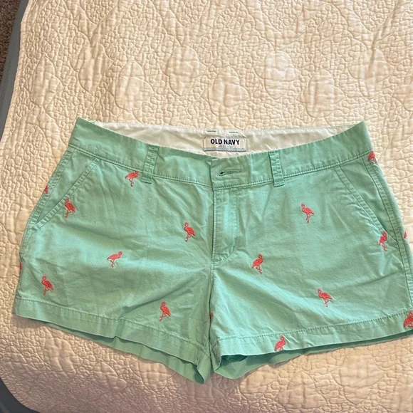 Old Navy Mint Green Shorts with Pink Flamingo Embroidery - Picture 1 of 6